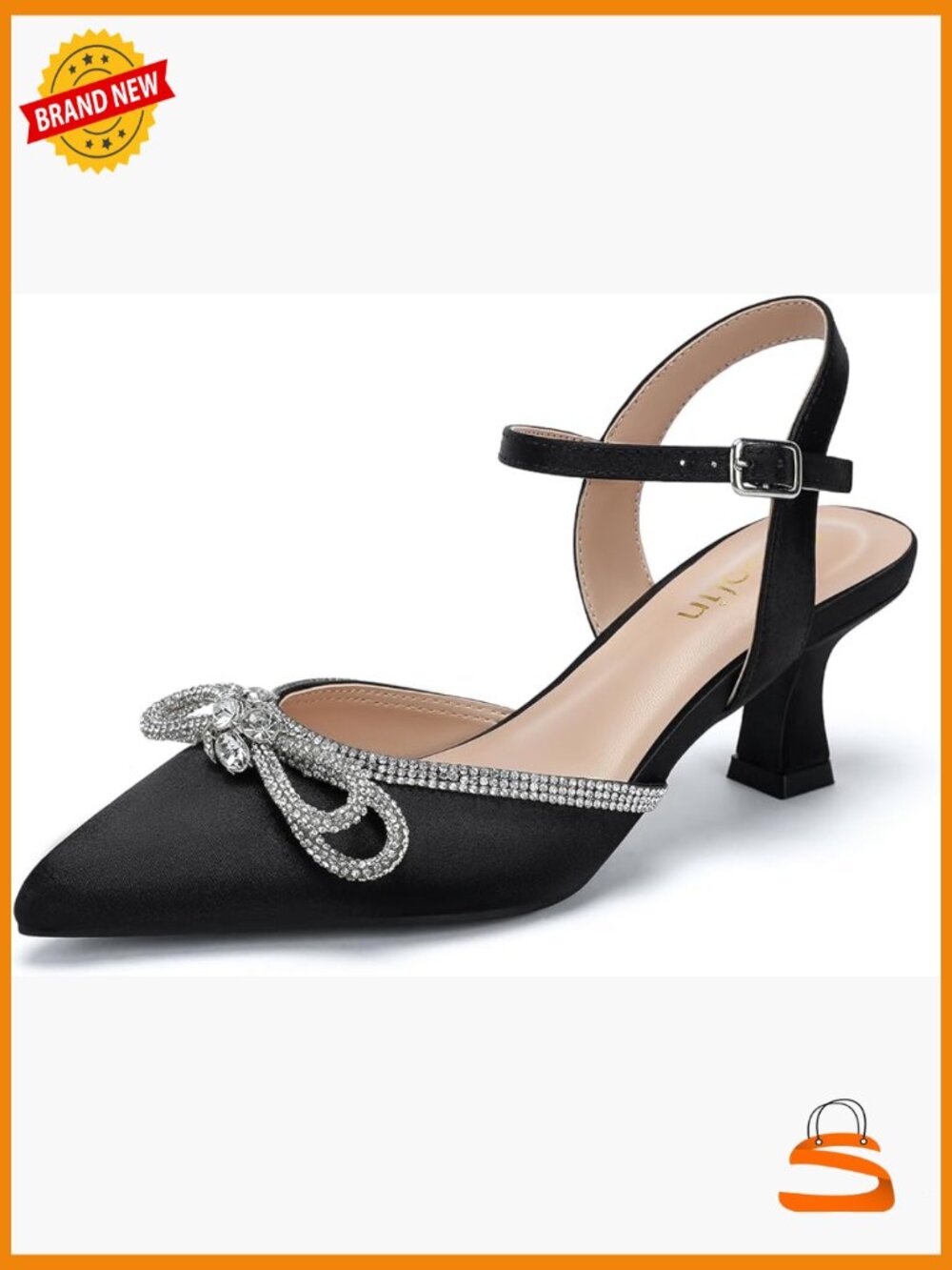 Wide Width Kitten Heels Rhinestone Bow Pointed Closed Toe Pumps Ankle Strap